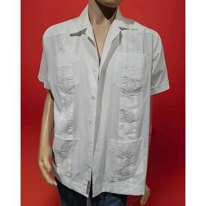 John Henry Guayabera Classic Size M White Comfort Embroidery Button Up Shirt #C